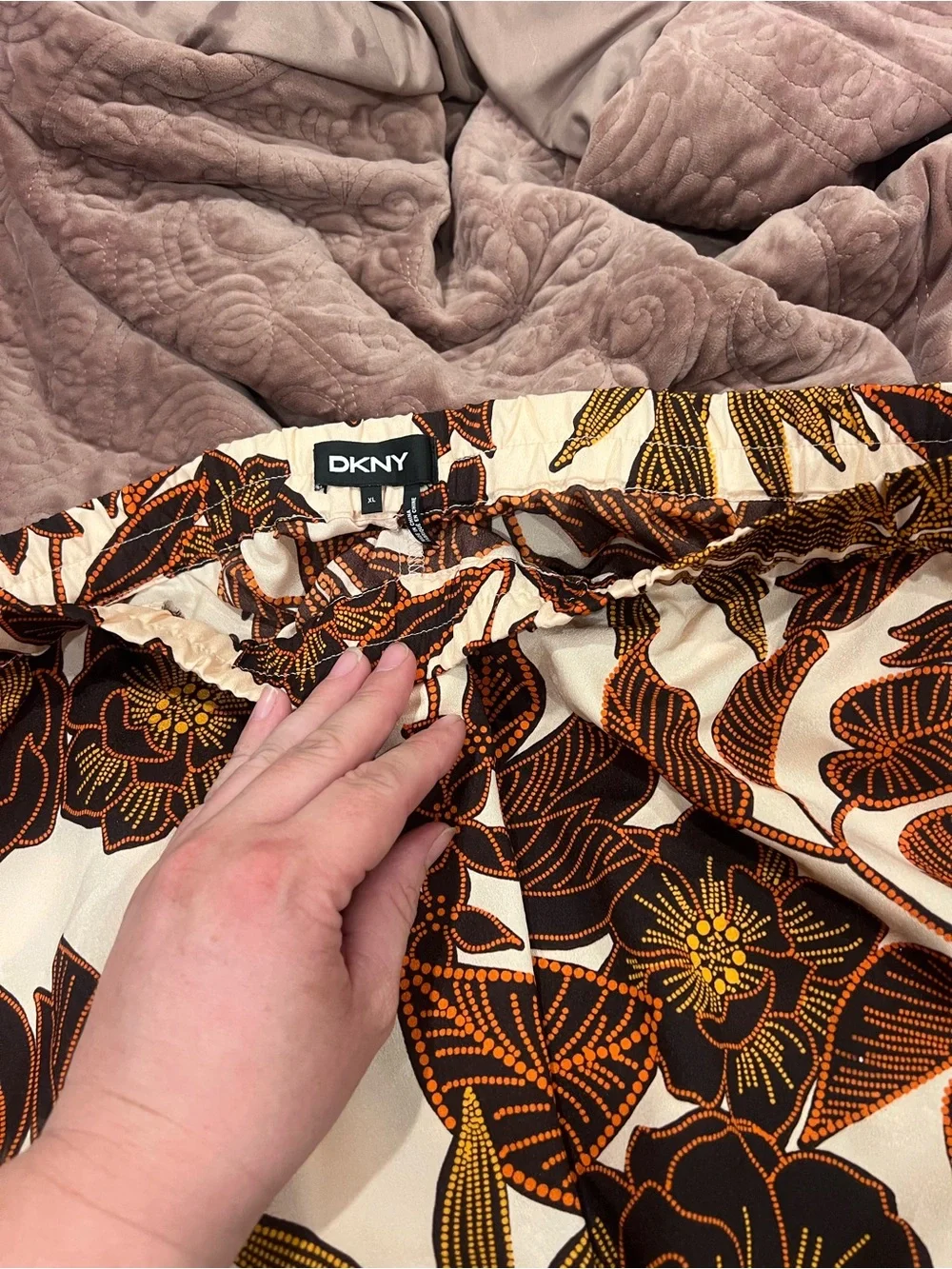DKNY Cream Wide-Leg Pants with Brown and Rust Floral Print